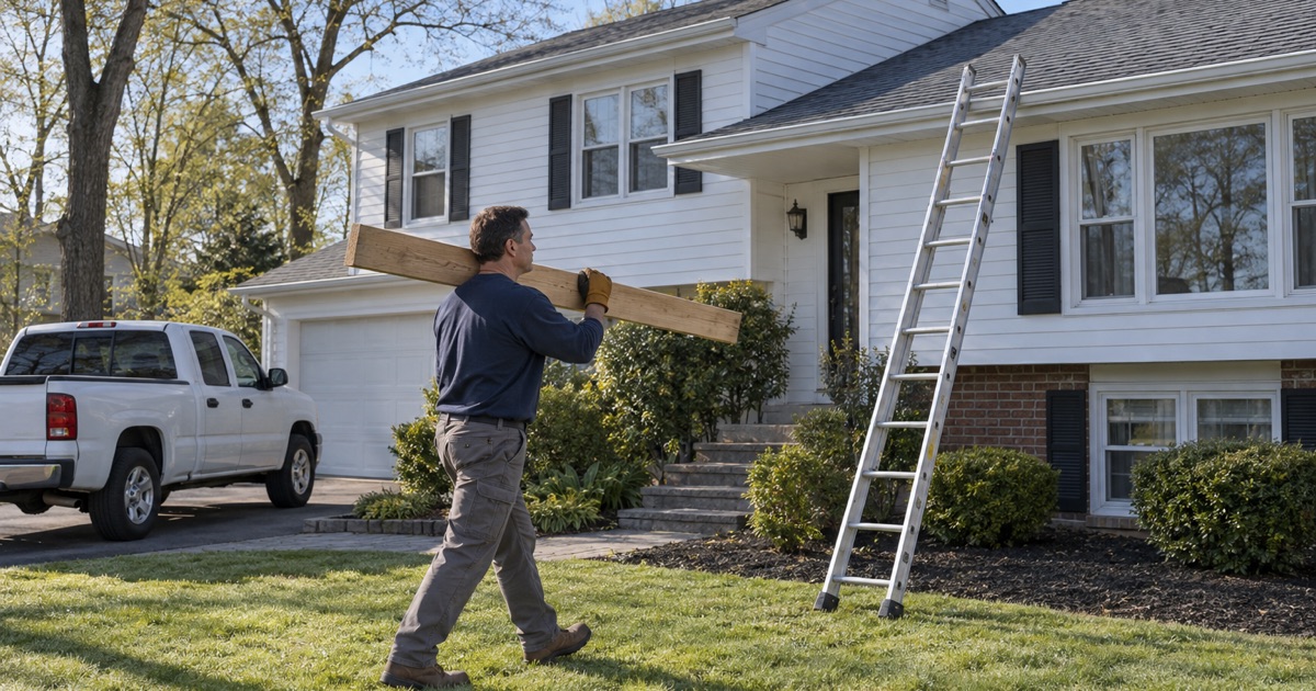 A roofer carrying a toe board plank across the lawn to an Old Bridge Township house at the start of a job.