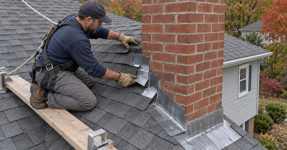 A roofer weaving new step flashing into the shingles along a brick chimney on an Old Bridge Township split-level.