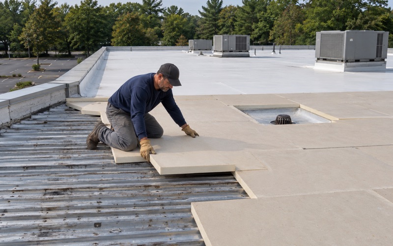 A roofer laying tapered insulation boards on the flat roof of a one-story strip retail building in Old Bridge Township.