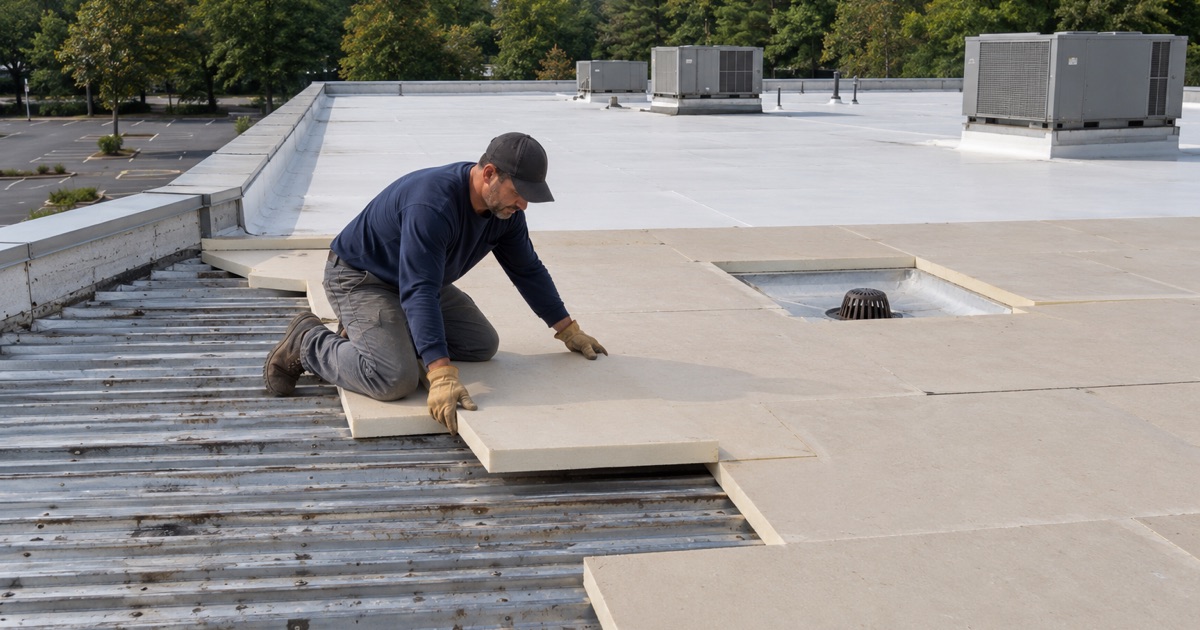A roofer laying tapered insulation boards on the flat roof of a one-story strip retail building in Old Bridge Township.