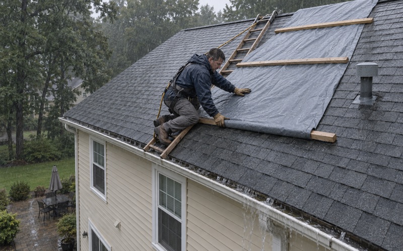 A roofer securing an emergency tarp in the rain over a storm-damaged roof on an Old Bridge Township colonial.