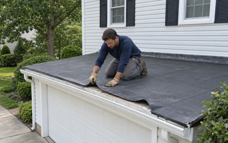 A roofer re-adhering a lifted rubber membrane edge on the flat garage roof of an Old Bridge Township house.