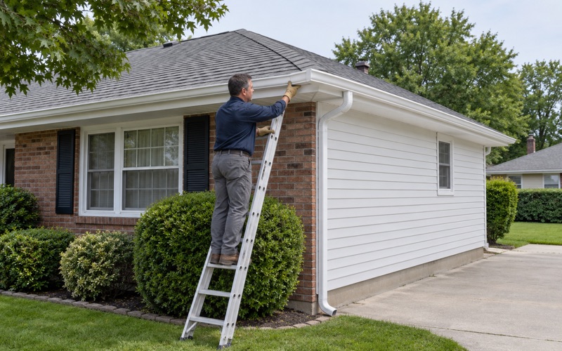 A roofer fitting the corner miter of a new seamless gutter on an Old Bridge Township hip-roof ranch.