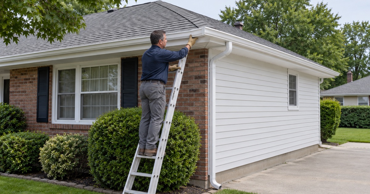 A roofer fitting the corner miter of a new seamless gutter on an Old Bridge Township hip-roof ranch.