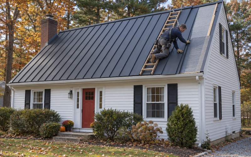 A roofer seating a standing-seam steel panel on the main roof of an Old Bridge Township cape.