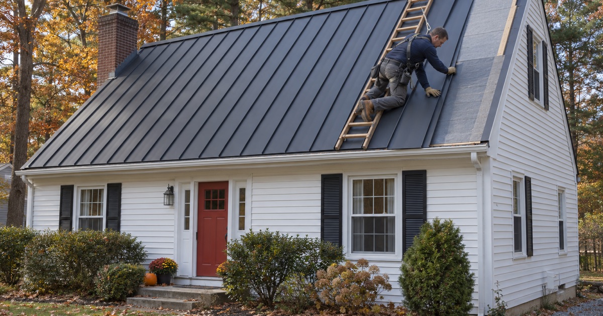 A roofer seating a standing-seam steel panel on the main roof of an Old Bridge Township cape.