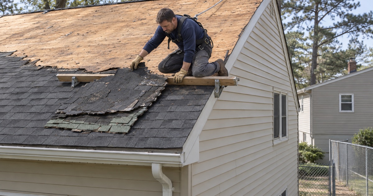 Three old shingle layers coming off together during a tear-off on an Old Bridge Township bi-level.
