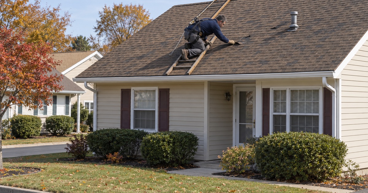 A roofer checking the roof of a one-story home in an Old Bridge Township age-restricted community.