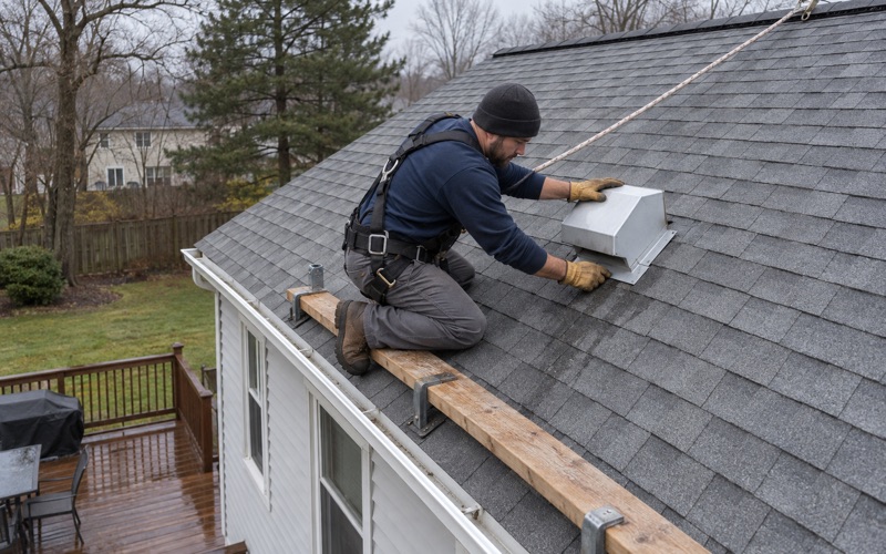 A roofer resetting a bathroom exhaust vent hood to stop a roof leak on an Old Bridge Township bi-level.