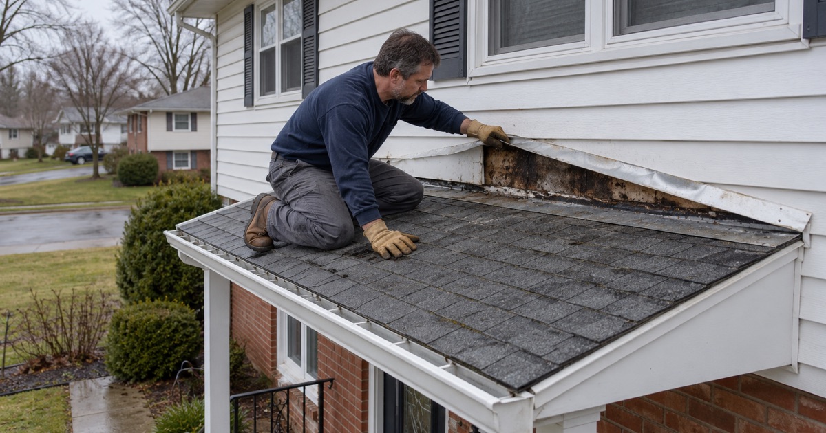 A roofer opening the flashing where a porch roof meets the house wall to trace a leak on an Old Bridge Township split-level.