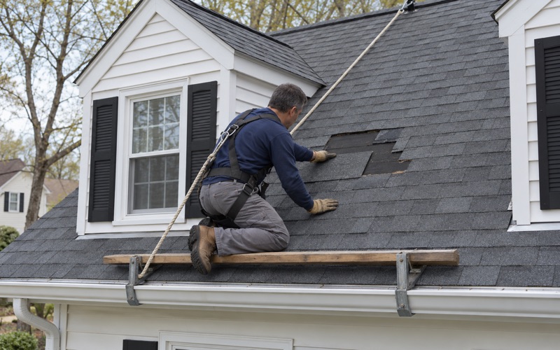 A roofer replacing torn shingles at the edge of a front dormer on an Old Bridge Township cape.