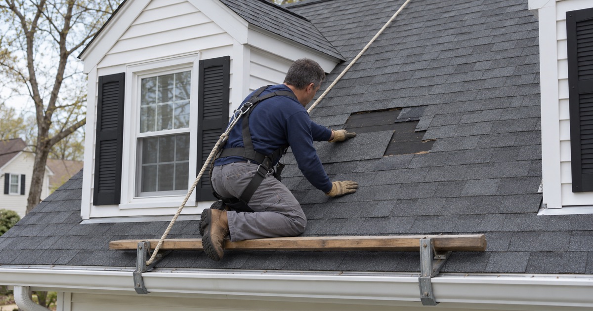 A roofer replacing torn shingles at the edge of a front dormer on an Old Bridge Township cape.
