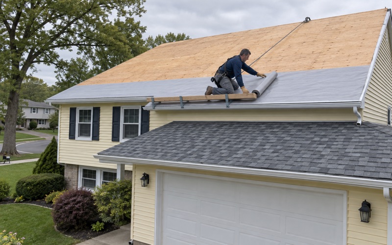 New underlayment being rolled out over a clean deck during a full roof replacement on an Old Bridge Township split-level.