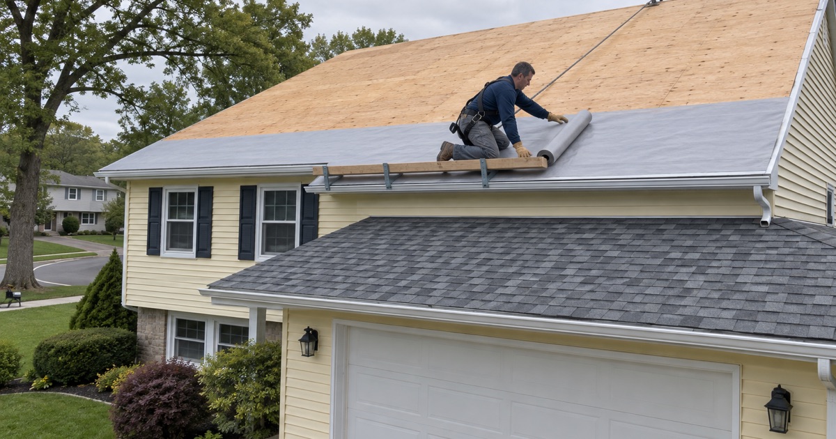 New underlayment being rolled out over a clean deck during a full roof replacement on an Old Bridge Township split-level.