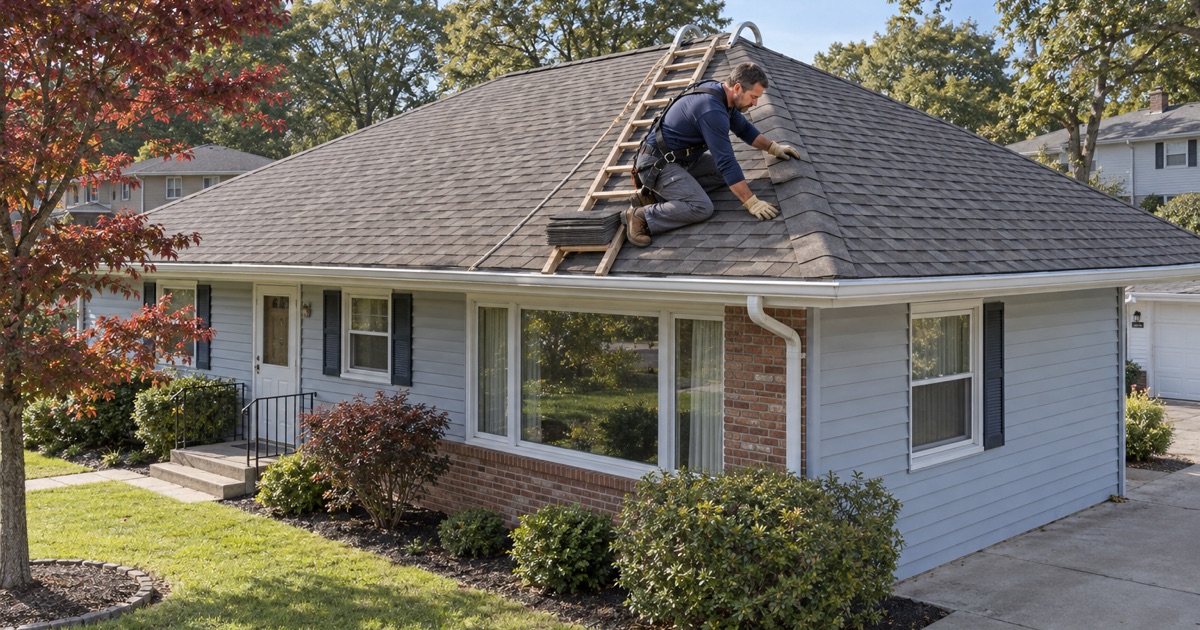 A roofer capping the hip of a new roof on a 1960s ranch in Old Bridge Township.