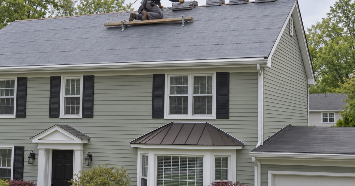 Shingle bundles staged on the ridge of an Old Bridge Township colonial with a metal bay roof and a flat garage roof below.