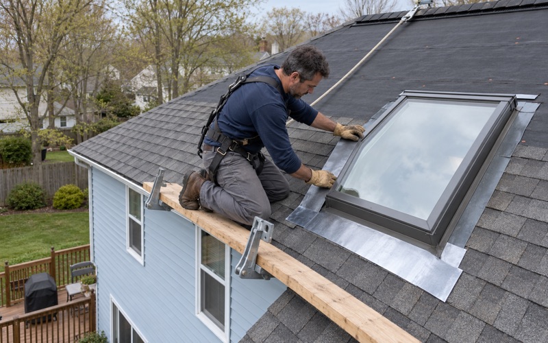 A new skylight being flashed into the rear roof of an Old Bridge Township colonial.