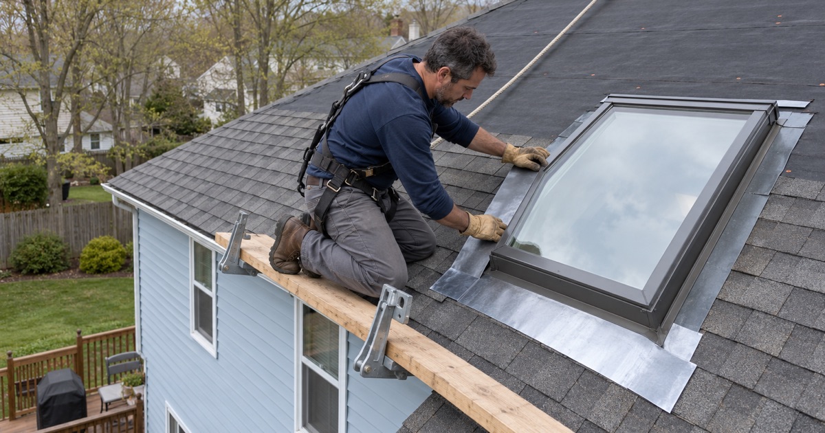 A new skylight being flashed into the rear roof of an Old Bridge Township colonial.
