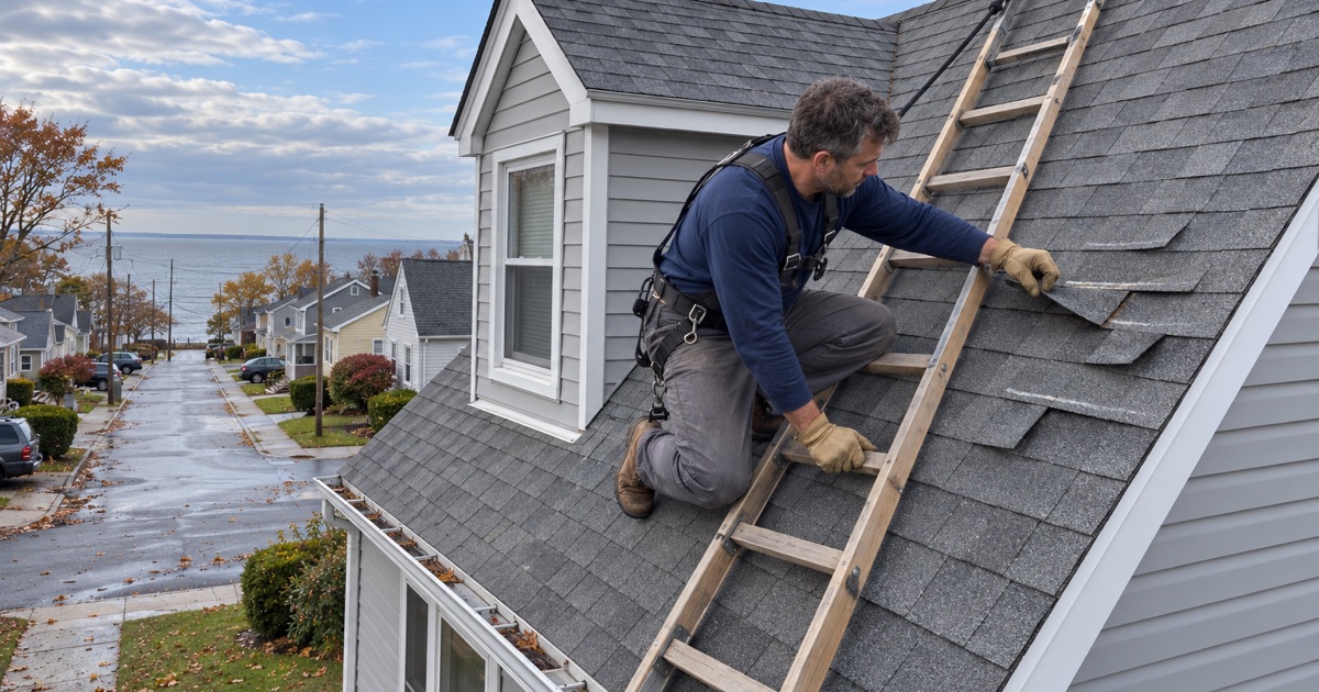 A roofer checking wind-creased shingles on a small Laurence Harbor house in Old Bridge Township after a storm.